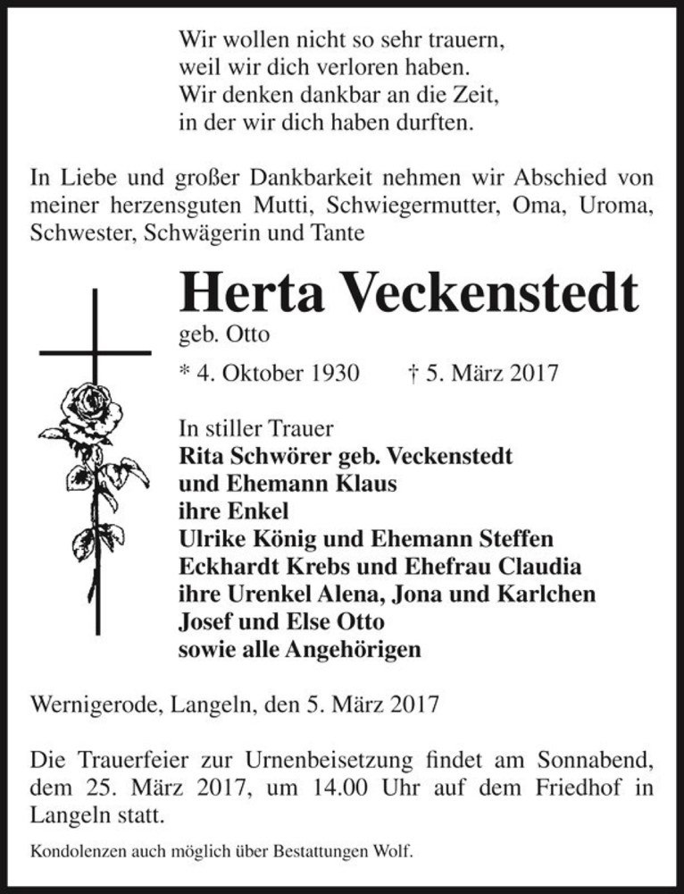  Traueranzeige für Herta Veckenstedt (geb. Otto)  vom 11.03.2017 aus Magdeburger Volksstimme
