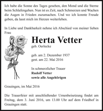 Traueranzeige von Herta Vetter (geb. Oerlecke)  von Magdeburger Volksstimme