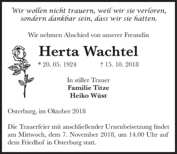 Traueranzeige von Herta Wachtel  von Magdeburger Volksstimme