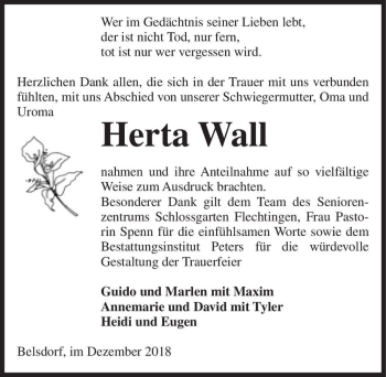 Traueranzeige von Herta Wall  von Magdeburger Volksstimme