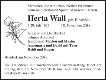 Traueranzeige von Herta Wall (geb. Hirschfeld)  von Magdeburger Volksstimme