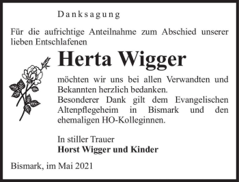 Traueranzeige von Herta Wigger  von Magdeburger Volksstimme
