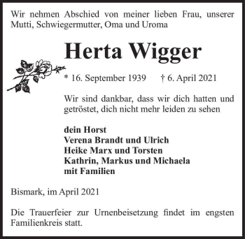 Traueranzeige von Herta Wigger  von Magdeburger Volksstimme