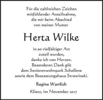 Traueranzeige von Herta Wilke  von Magdeburger Volksstimme