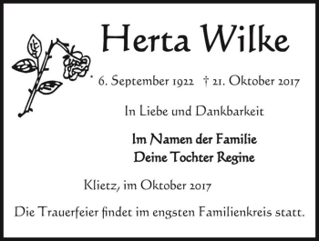 Traueranzeige von Herta Wilke  von Magdeburger Volksstimme