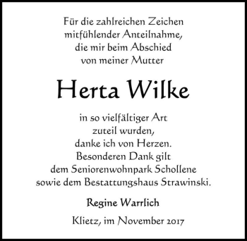 Traueranzeige von Herta Wilke  von Magdeburger Volksstimme