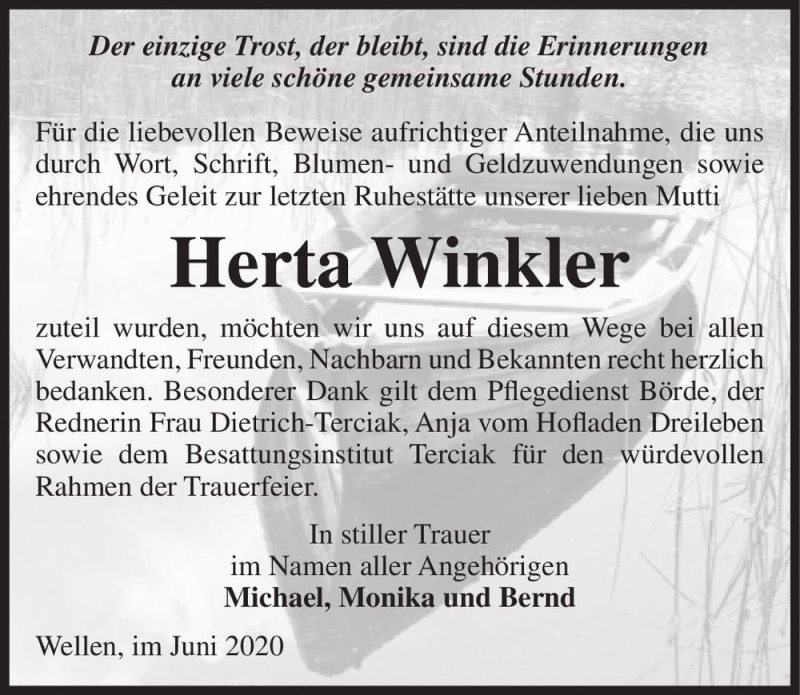  Traueranzeige für Herta Winkler  vom 13.06.2020 aus Magdeburger Volksstimme