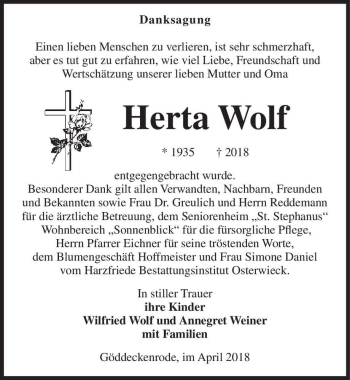 Traueranzeige von Herta Wolf  von Magdeburger Volksstimme