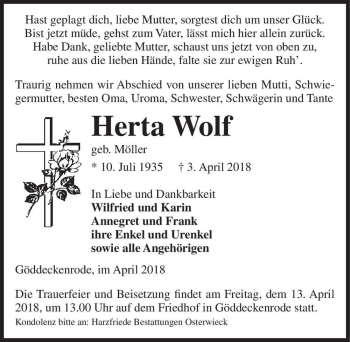 Traueranzeige von Herta Wolf (geb. Möller)  von Magdeburger Volksstimme