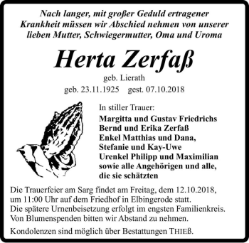 Traueranzeige von Herta Zerfaß (geb. Lierath)  von Magdeburger Volksstimme