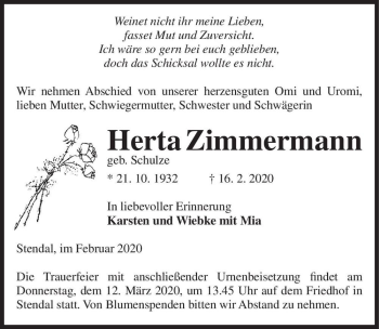 Traueranzeige von Herta Zimmermann (geb. Schulze)  von Magdeburger Volksstimme