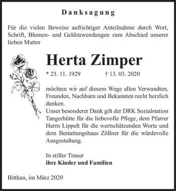 Traueranzeige von Herta Zimper  von Magdeburger Volksstimme