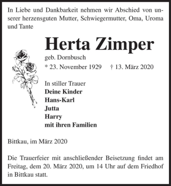 Traueranzeige von Herta Zimper (geb. Dornbusch)  von Magdeburger Volksstimme