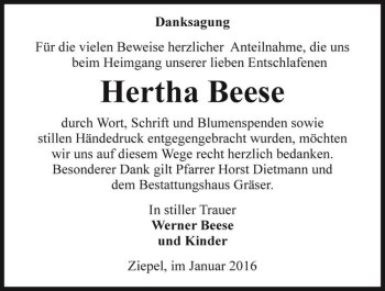Traueranzeige von Hertha Beese  von Magdeburger Volksstimme