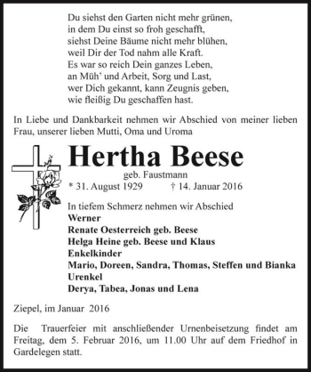 Traueranzeige von Hertha Beese (geb. Faustmann)  von Magdeburger Volksstimme
