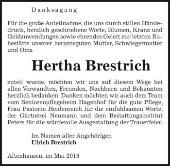 Traueranzeige von Hertha Brestrich  von Magdeburger Volksstimme