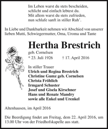 Traueranzeige von Hertha Brestrich (geb. Cornelsen)  von Magdeburger Volksstimme