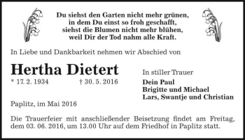 Traueranzeige von Hertha Dietert  von Magdeburger Volksstimme