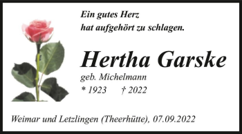 Traueranzeige von Hertha Garske (geb. Michelmann)  von Magdeburger Volksstimme