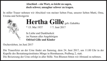 Traueranzeige von Hertha Gille (geb. Gahabka)  von Magdeburger Volksstimme