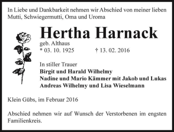 Traueranzeige von Hertha Harnack (geb. Althaus)  von Magdeburger Volksstimme