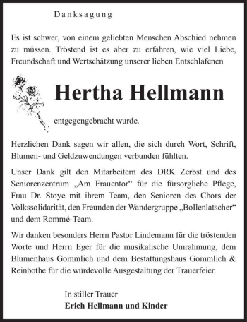 Traueranzeige von Hertha Hellmann  von Magdeburger Volksstimme