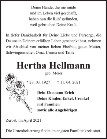 Traueranzeige von Hertha Hellmann (geb. Meier)  von Magdeburger Volksstimme