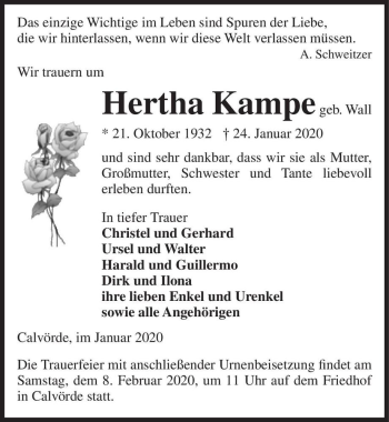 Traueranzeige von Hertha Kampe (geb. Wall)  von Magdeburger Volksstimme