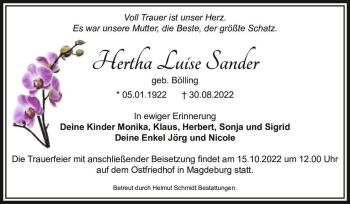 Traueranzeige von Hertha Luise Sander (geb. Bölling)  von Magdeburger Volksstimme