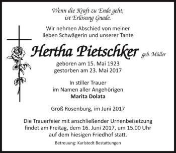 Traueranzeige von Hertha Pietschker (geb. Müller)  von Magdeburger Volksstimme
