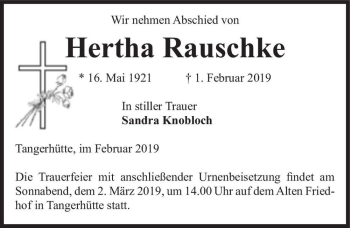 Traueranzeige von Hertha Rauschke  von Magdeburger Volksstimme
