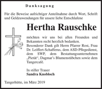Traueranzeige von Hertha Rauschke  von Magdeburger Volksstimme