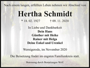Traueranzeige von Hertha Schmidt  von Magdeburger Volksstimme
