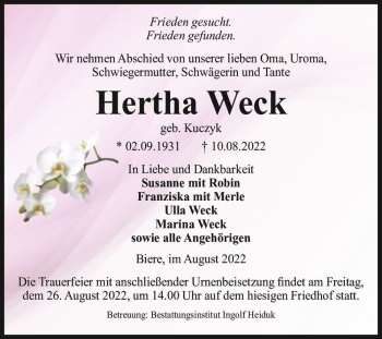 Traueranzeige von Hertha Weck (geb. Kuczyk)  von Magdeburger Volksstimme
