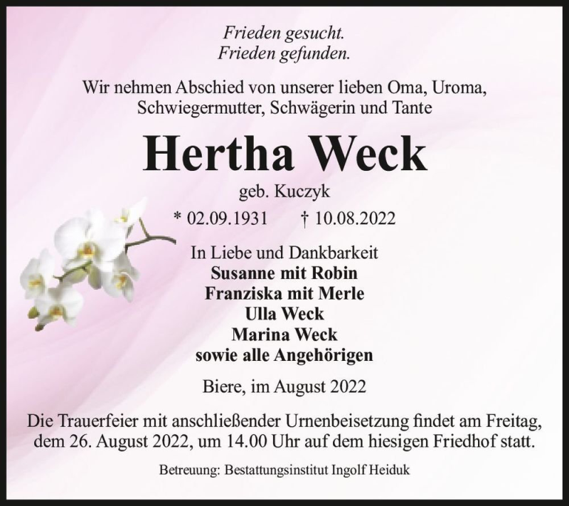  Traueranzeige für Hertha Weck (geb. Kuczyk)  vom 13.08.2022 aus Magdeburger Volksstimme
