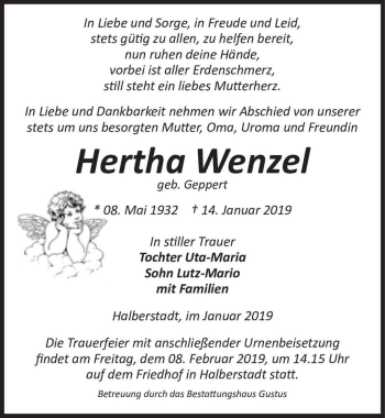 Traueranzeige von Hertha Wenzel (geb. Geppert)  von Magdeburger Volksstimme