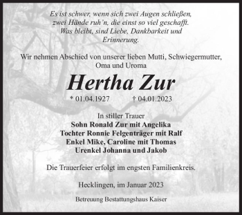 Traueranzeige von Hertha Zur  von Magdeburger Volksstimme