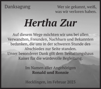 Traueranzeige von Hertha Zur  von Magdeburger Volksstimme