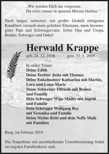Traueranzeige von Herwald Krappe  von Magdeburger Volksstimme