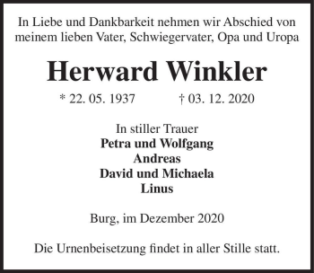 Traueranzeige von Herward Winkler  von Magdeburger Volksstimme
