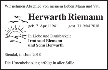 Traueranzeige von Herwarth Riemann  von Magdeburger Volksstimme