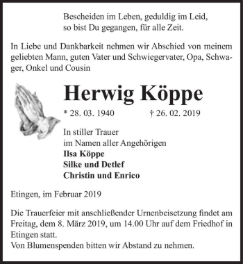 Traueranzeige von Herwig Köppe  von Magdeburger Volksstimme