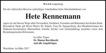 Traueranzeige von Hete Rennemann  von Magdeburger Volksstimme