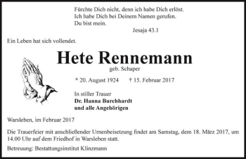 Traueranzeige von Hete Rennemann (geb. Schaper)  von Magdeburger Volksstimme