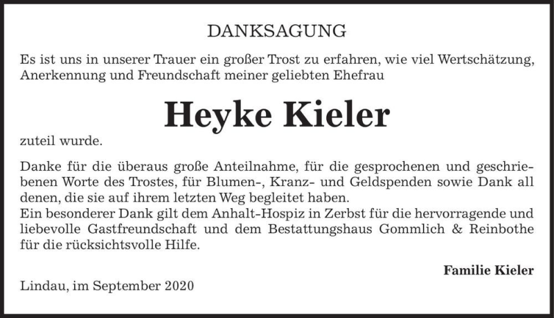  Traueranzeige für Heyke Kieler  vom 12.09.2020 aus Magdeburger Volksstimme