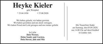Traueranzeige von Heyke Kieler (geb. Westphal)  von Magdeburger Volksstimme
