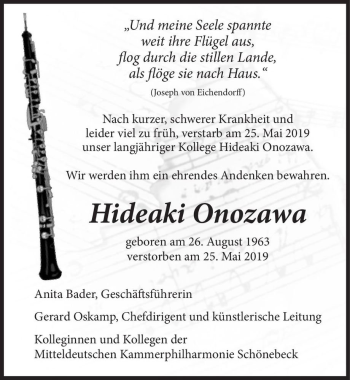 Traueranzeige von Hideaki Onozawa  von Magdeburger Volksstimme