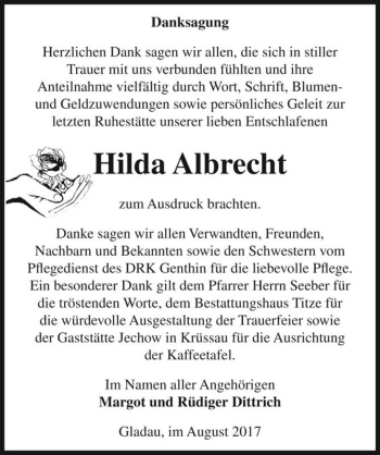 Traueranzeige von Hilda Albrecht  von Magdeburger Volksstimme
