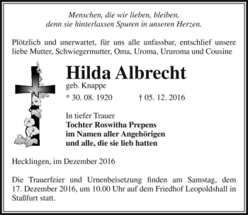 Traueranzeige von Hilda Albrecht (geb. Knappe)  von Magdeburger Volksstimme