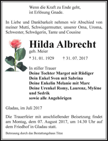 Traueranzeige von Hilda Albrecht (geb. Meier)  von Magdeburger Volksstimme